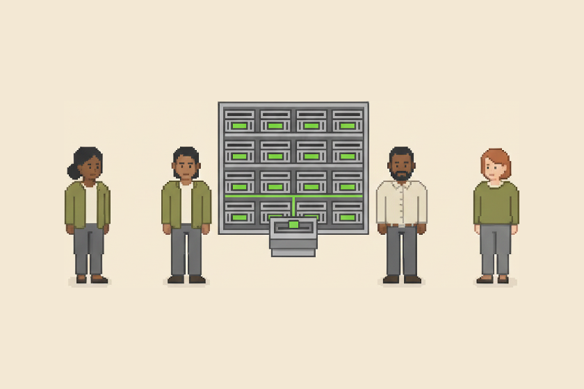 Pixel-art scene: the same staff standing apart and relaxed around a single console, the twelve machines now docked in one rack behind it, a single green data block entered once and carried along one line to all of them.